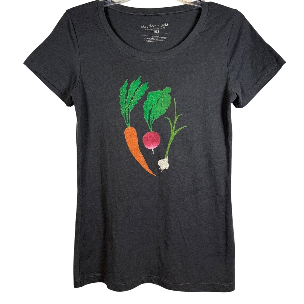 CINDER & SALT Root Veggies Ladies V-Neck Tee, Charcoal, 100% Soft Cotton Size L